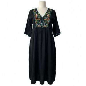 Earthbound Black Embroidered Boho Midi Dress | Size L